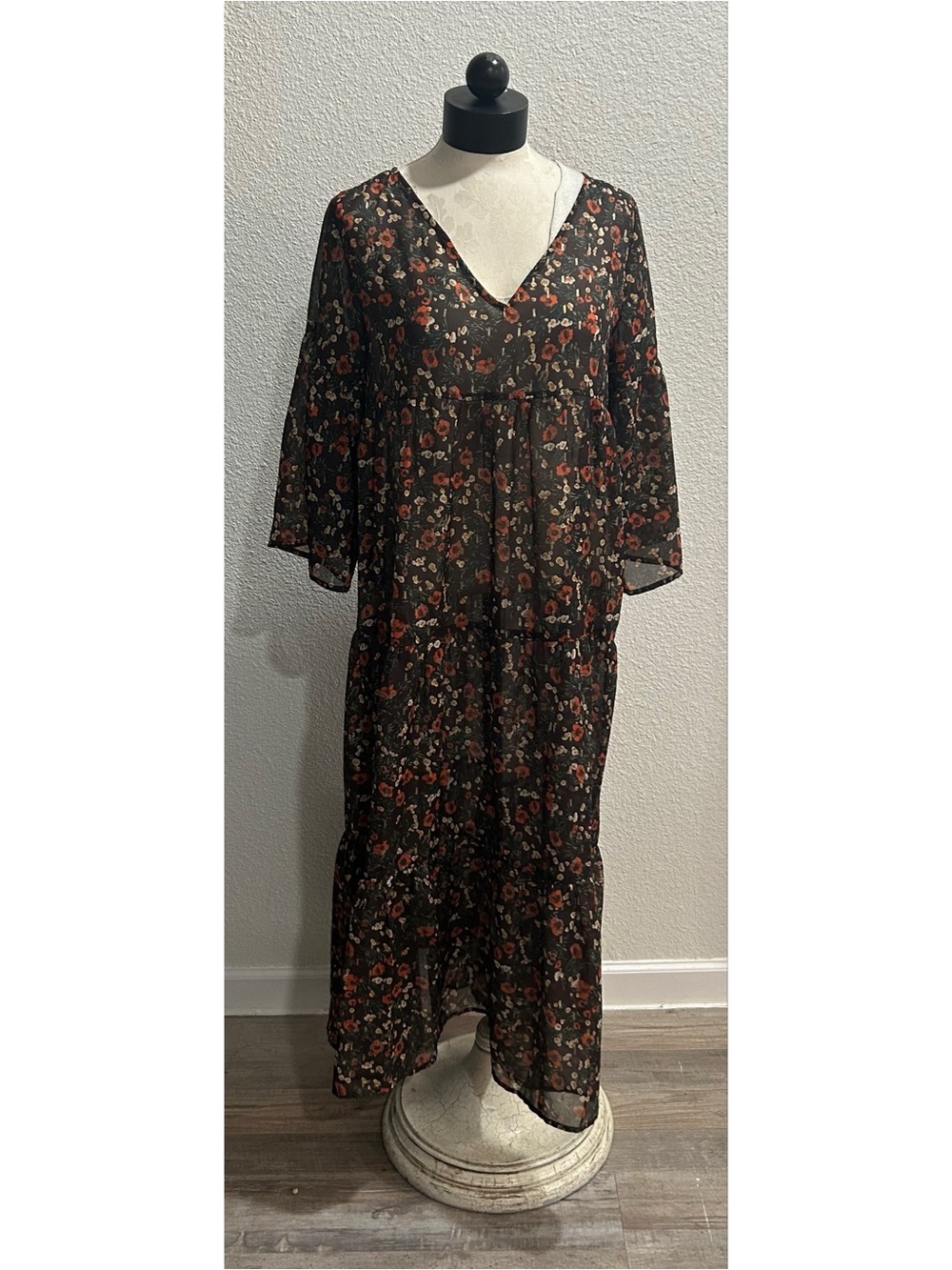 Natural Life Sheer Dress Size Medium Brown Short Sleeve Floral Tiered Maxi Midi